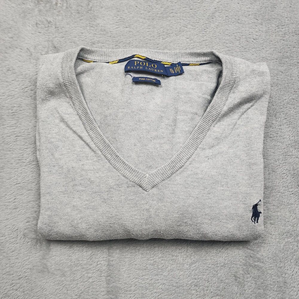 Polo Ralph Lauren Men’s XL Gray V-Neck Sweater 100% Pima Cotton Long Sleeve